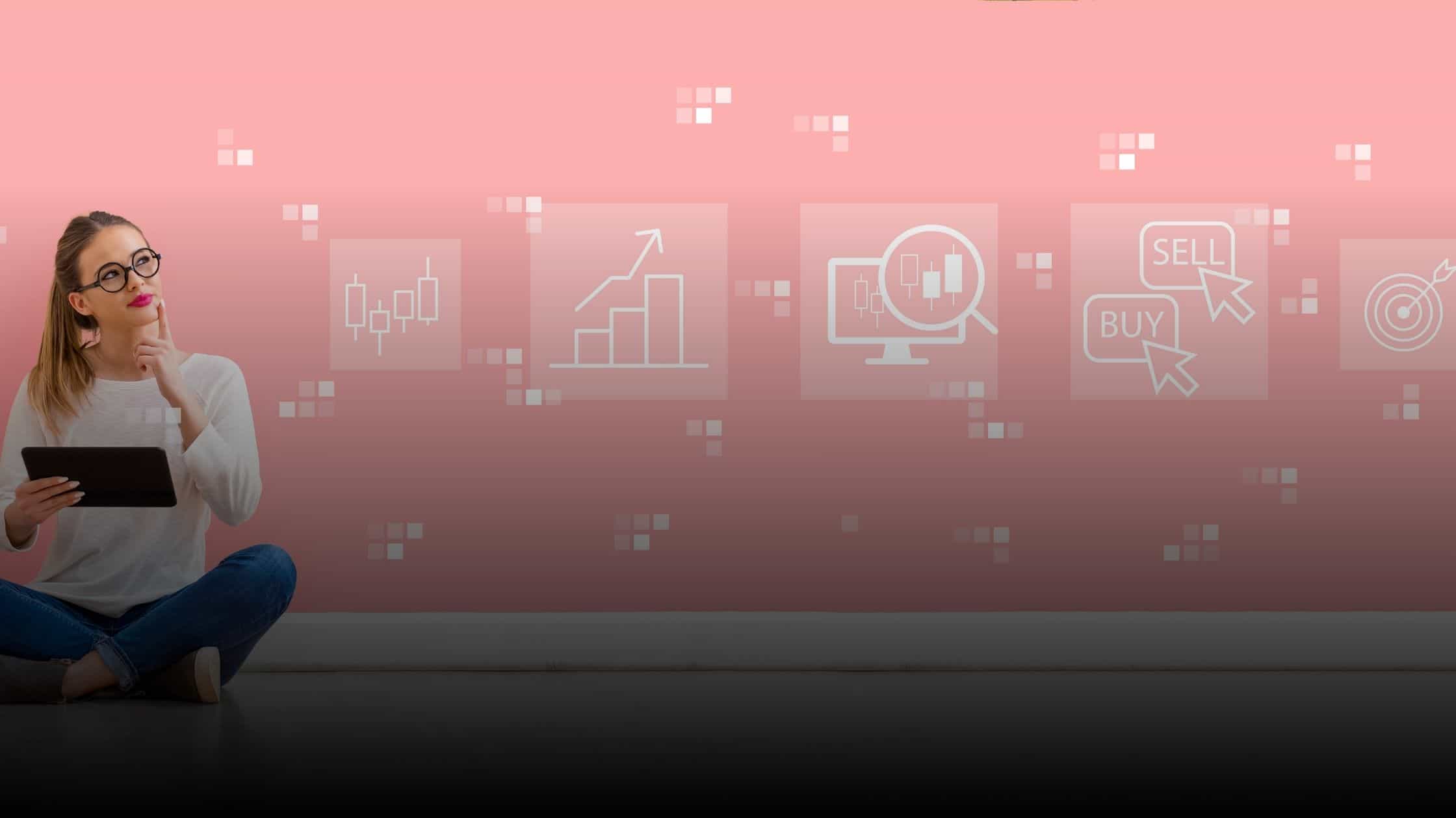 Woman sitting on the floor with a tablet, analyzing market trends with digital finance and trading icons in the background.